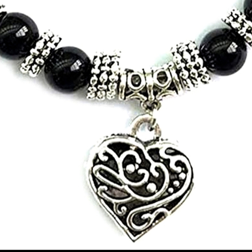 Heart Pendant Bracelet Natural Stone Bead Bracelets Silvery Chakra Bracelet - Picture 6 of 6